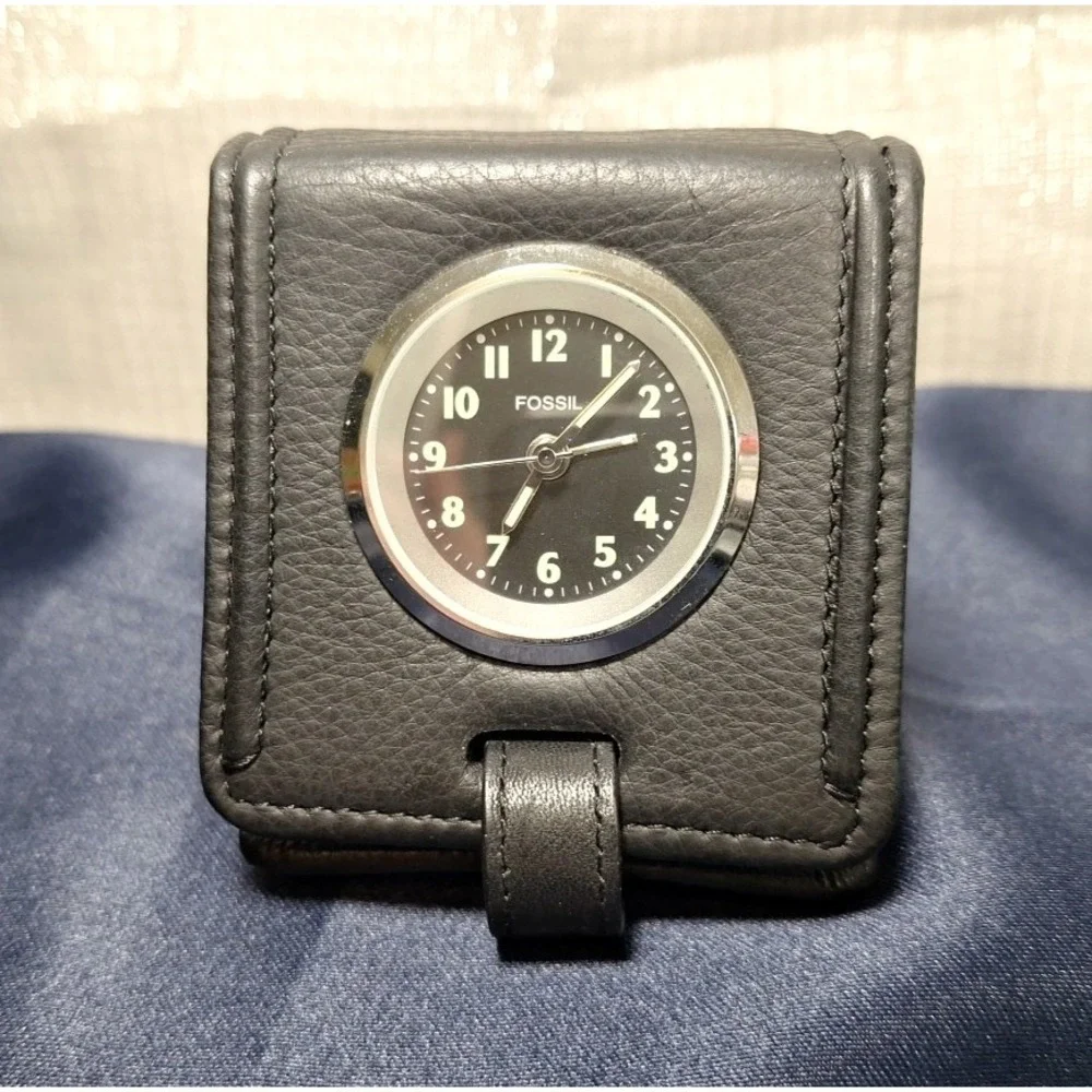 FOSSIL TRAVEL CLOCK BLACK LEATHER CASE Vintage Folding Retro Working